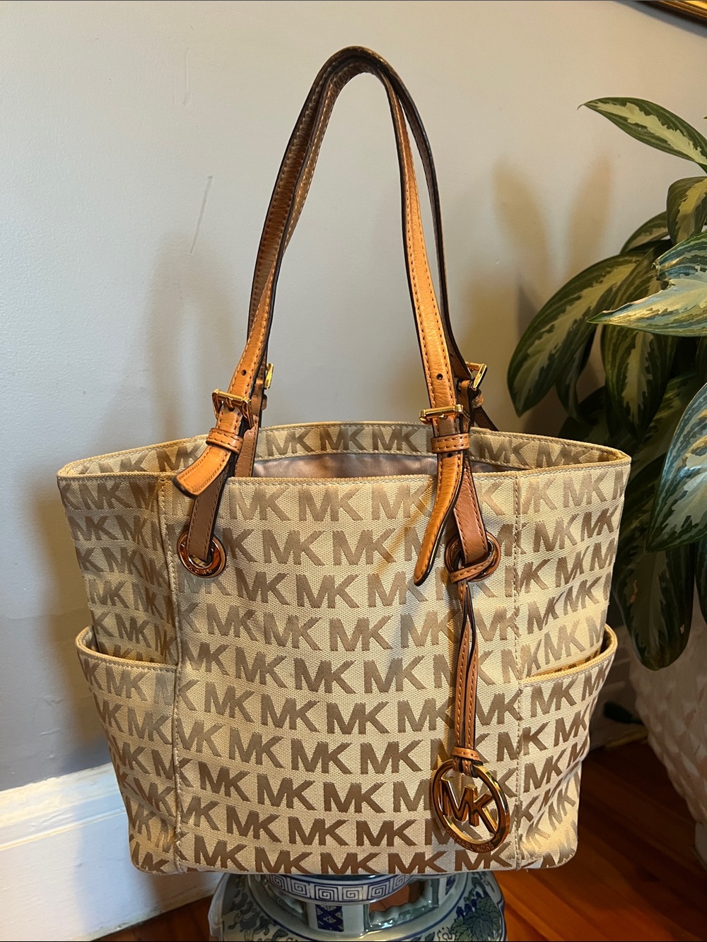 Michael Kors Beige MK Logo Tote with Tan Leather Handles
